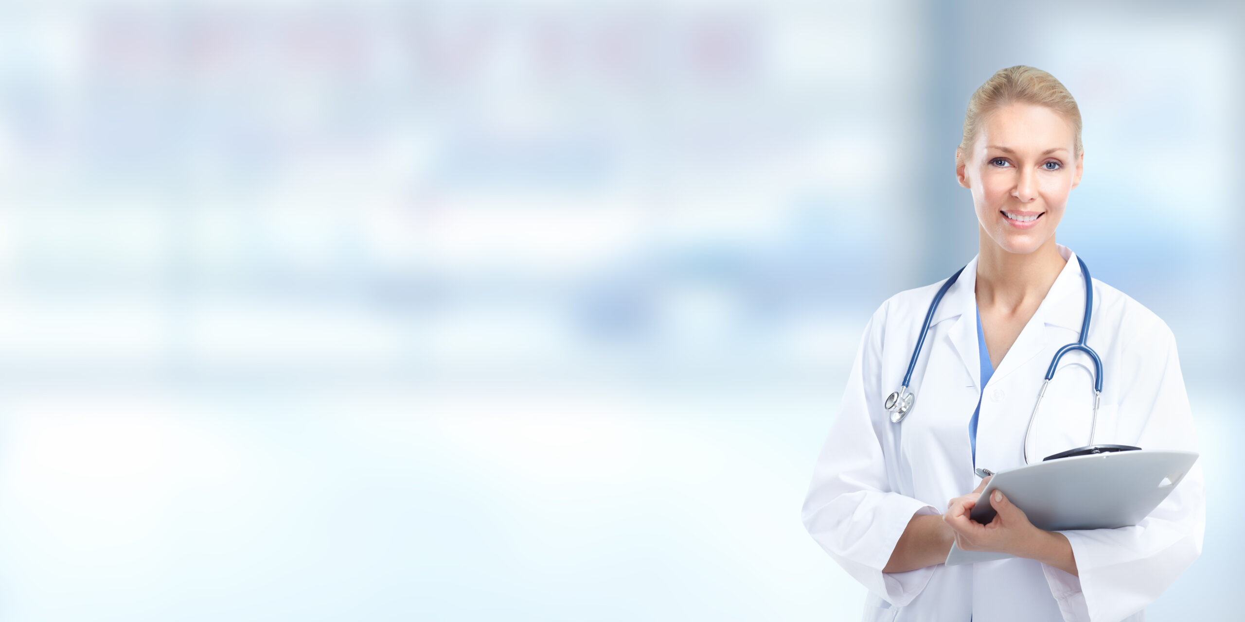 banner with a nurse on the right with a blurred background