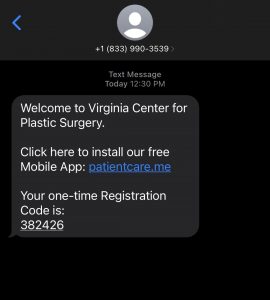 screenshot of a text message with the patient portal app download link