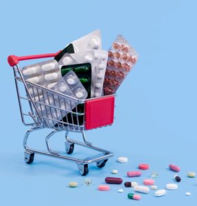 super market cart with medicines 